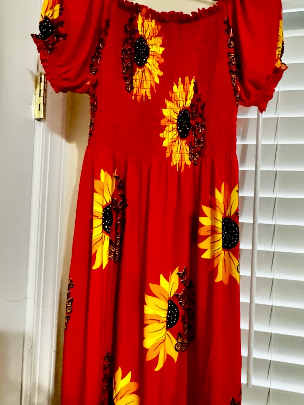Red Sunflower Smocked Women’s Dress - Bright Floral Dress